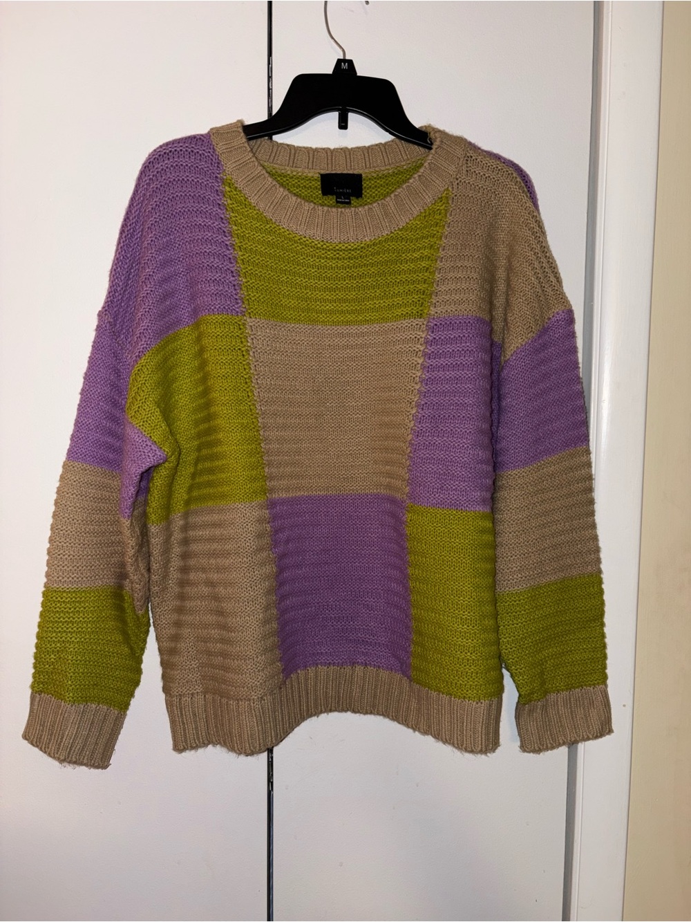 Colorblock Crewneck Sweater in Purple, Olive & Tan